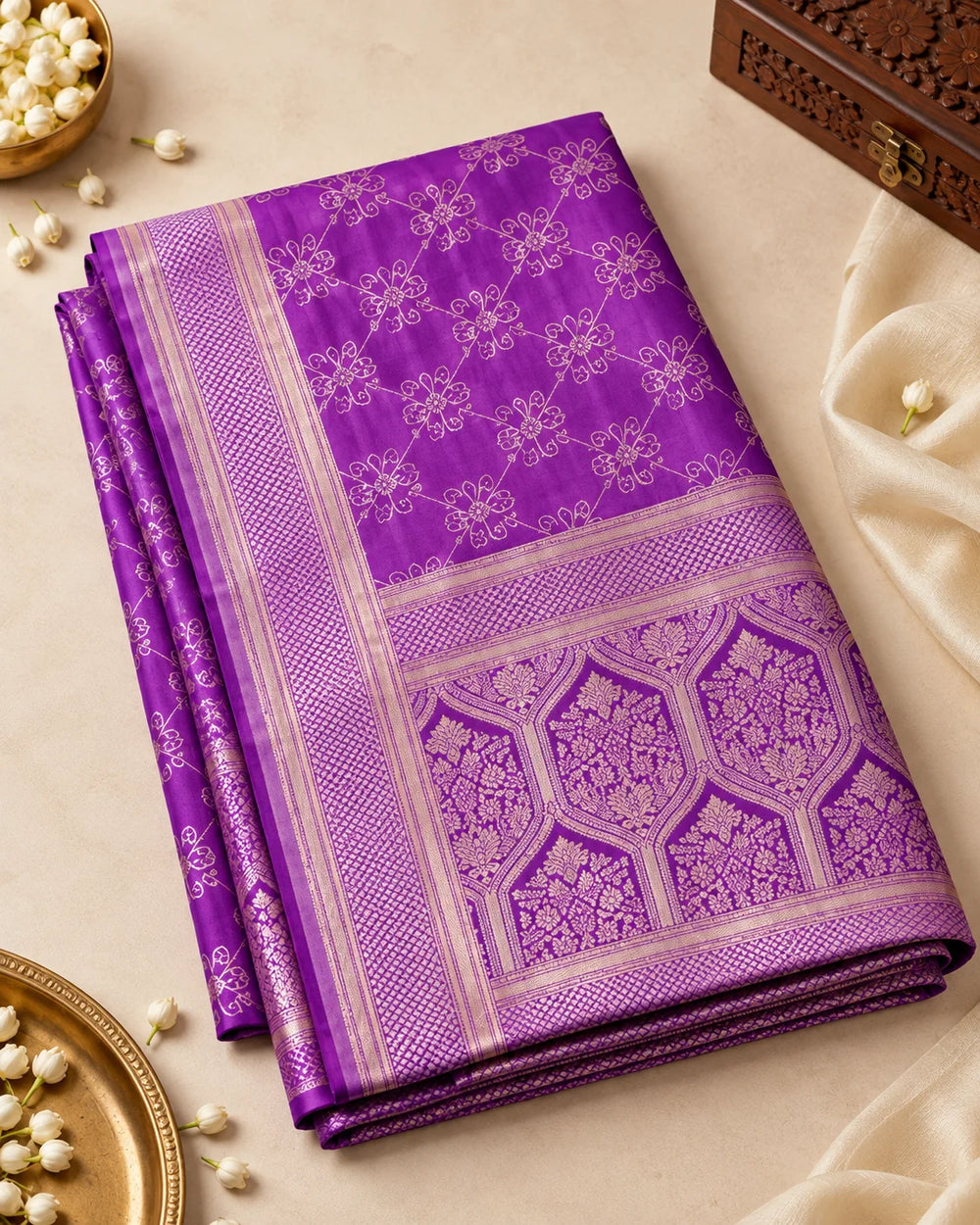 Elegant Royal Purple Designer Saree with Intricate Floral Motifs, Woven Border & Traditional Pallu