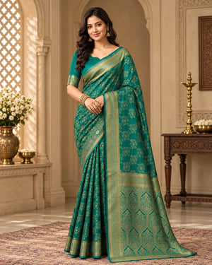 Elegant Teal Green Woven Silk Blend Saree with Gold Zari Floral Pattern & Designer Pallu