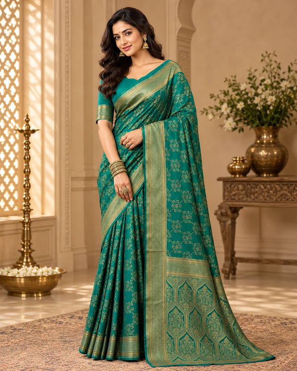 Elegant Teal Green Woven Silk Blend Saree with Gold Zari Floral Pattern & Designer Pallu