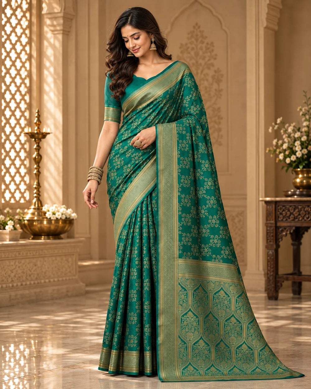 Elegant Teal Green Woven Silk Blend Saree with Gold Zari Floral Pattern & Designer Pallu