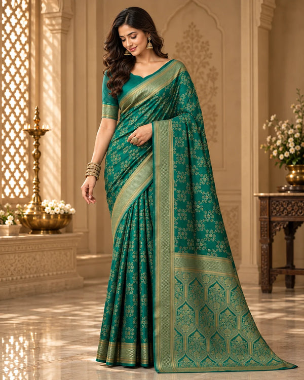 Elegant Teal Green Woven Silk Blend Saree with Gold Zari Floral Pattern & Designer Pallu