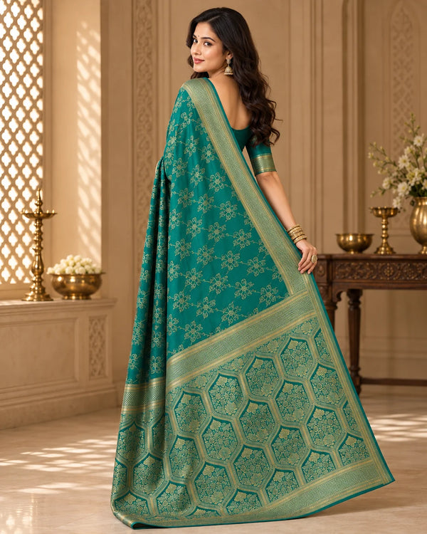 Elegant Teal Green Woven Silk Blend Saree with Gold Zari Floral Pattern & Designer Pallu