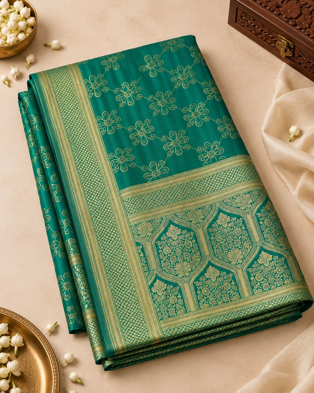 Elegant Teal Green Woven Silk Blend Saree with Gold Zari Floral Pattern & Designer Pallu