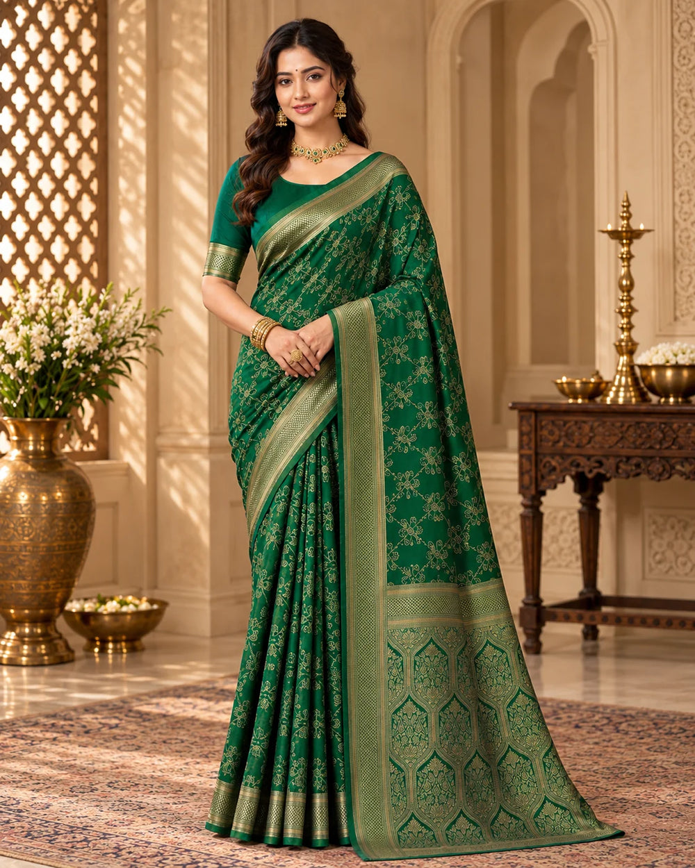 Emerald Green & Antique Gold Woven Silk Saree