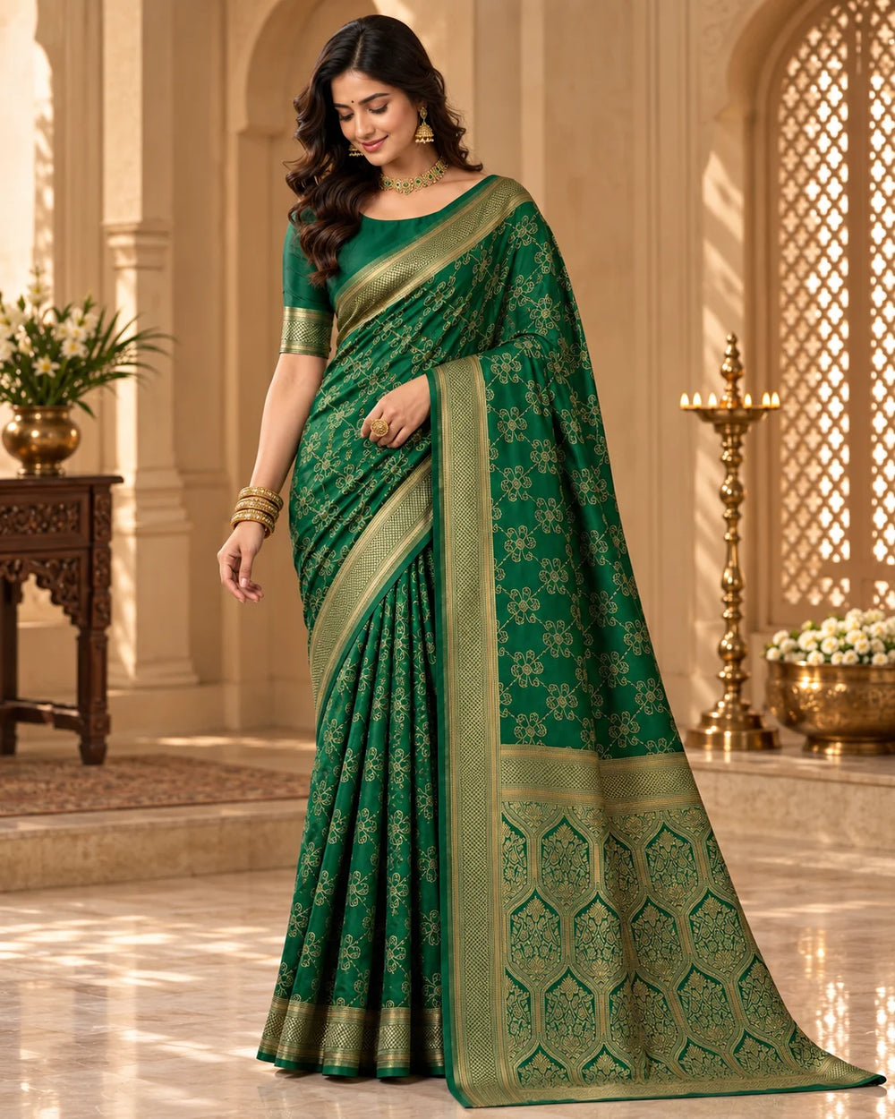 Emerald Green & Antique Gold Woven Silk Saree