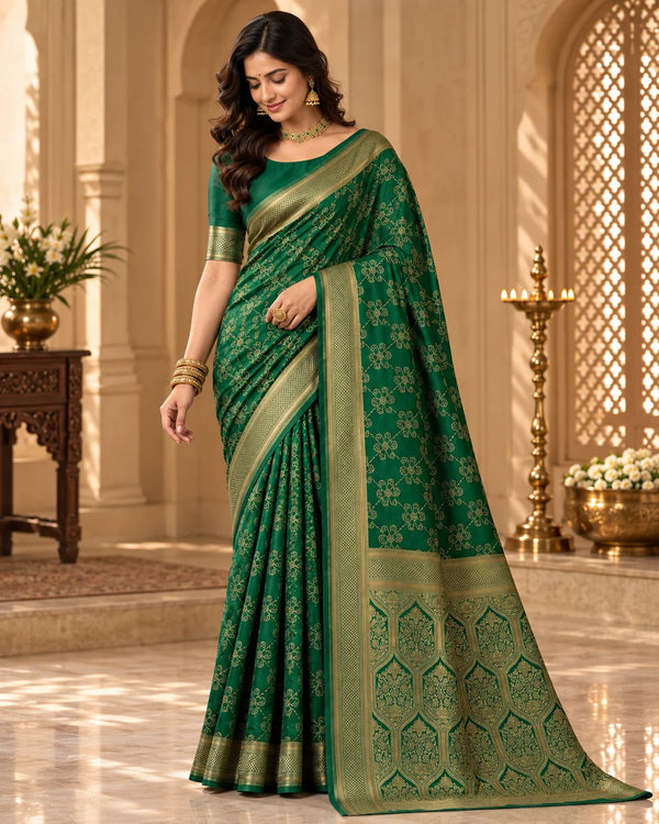 Emerald Green & Antique Gold Woven Silk Saree