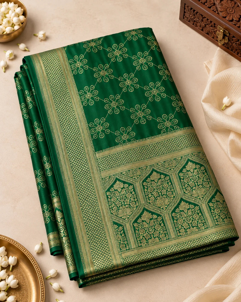 Emerald Green & Antique Gold Woven Silk Saree