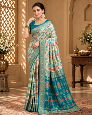 Turquoise Blue & Multicolour Artistic Printed Saree