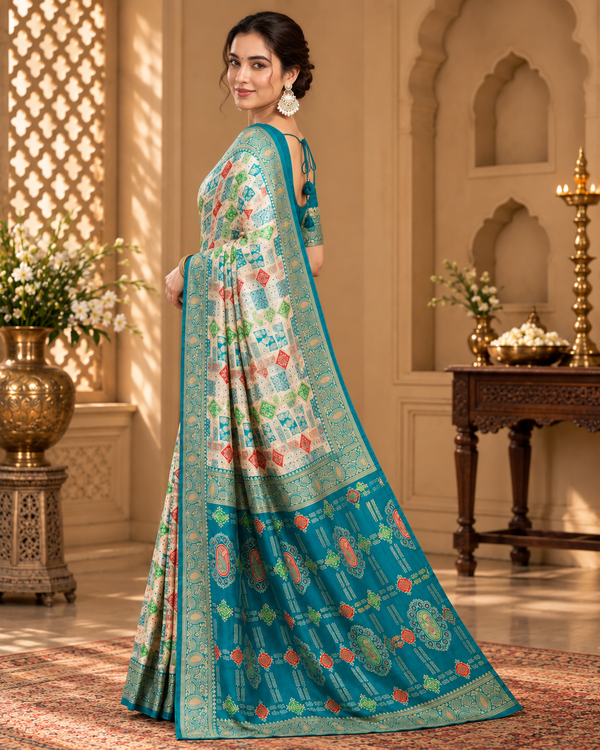 Turquoise Blue & Multicolour Artistic Printed Saree