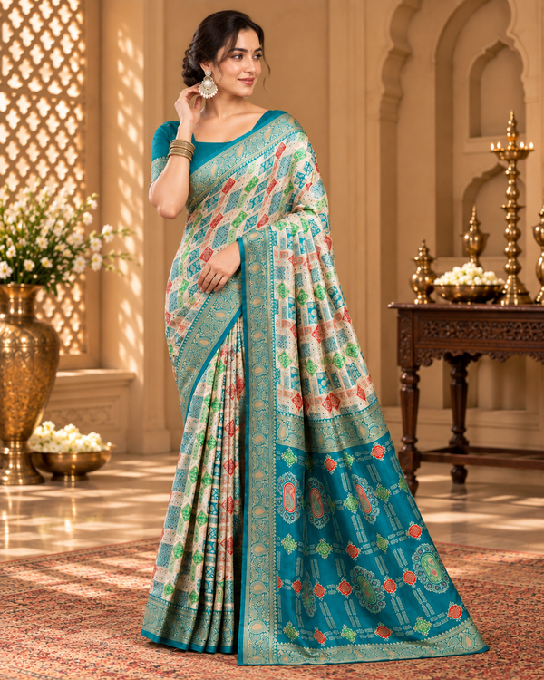 Turquoise Blue & Multicolour Artistic Printed Saree