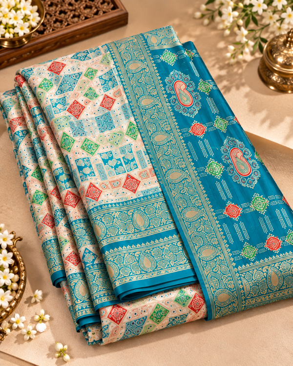 Turquoise Blue & Multicolour Artistic Printed Saree