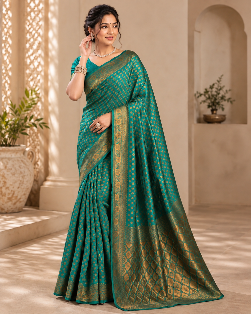Teal Green & Antique Gold Woven Saree