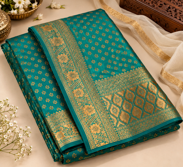 Teal Green & Antique Gold Woven Saree