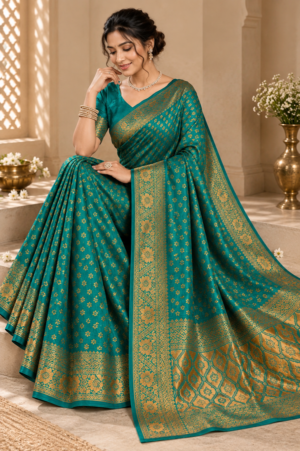 Teal Green & Antique Gold Woven Saree
