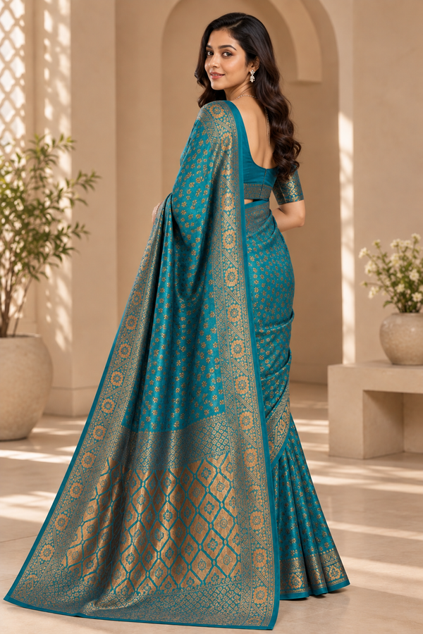 Teal Blue & Antique Gold Woven Silk Saree