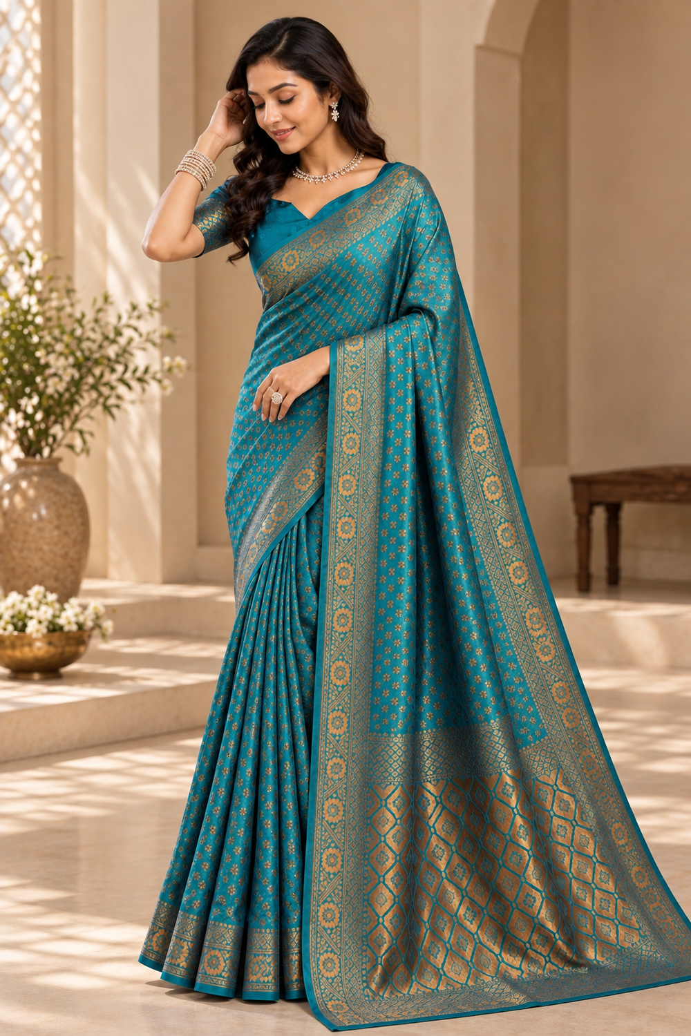 Teal Blue & Antique Gold Woven Silk Saree