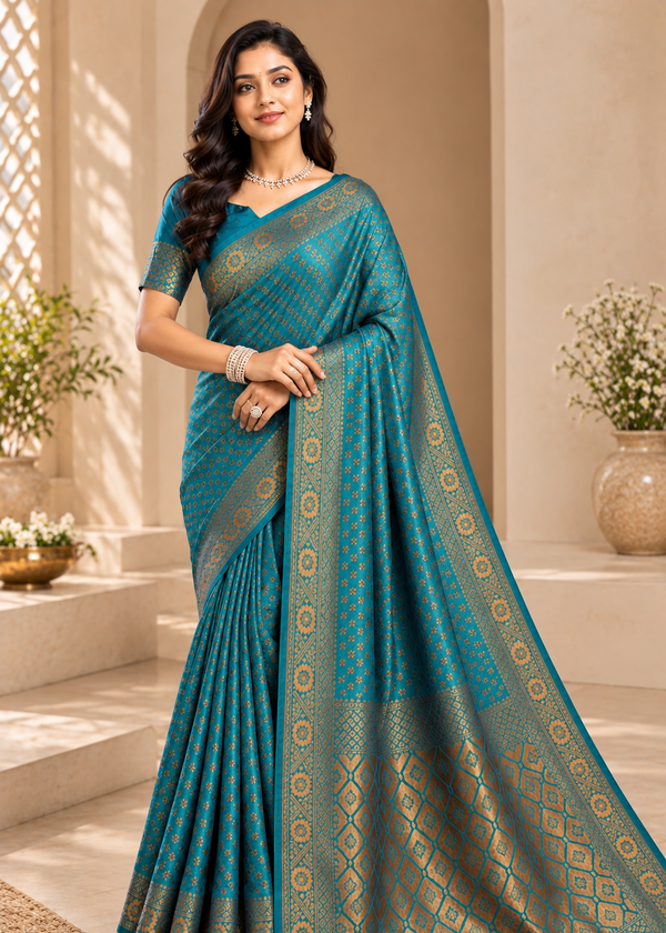 Teal Blue & Antique Gold Woven Silk Saree