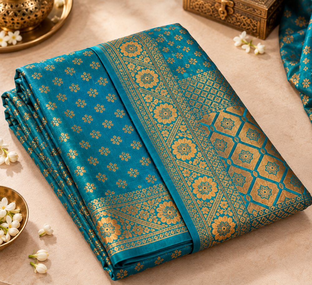 Teal Blue & Antique Gold Woven Silk Saree