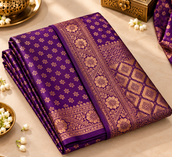 Royal Purple & Antique Gold Woven Silk Saree