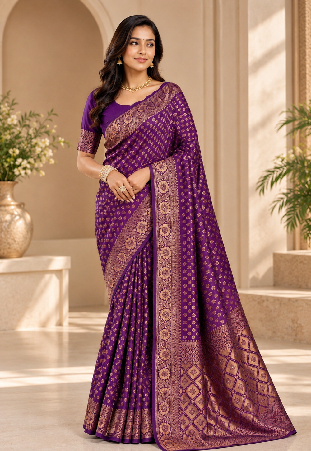 Royal Purple & Antique Gold Woven Silk Saree