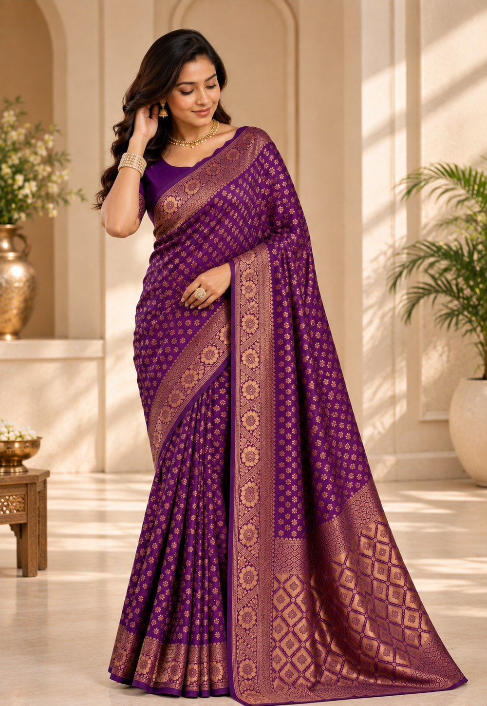 Royal Purple & Antique Gold Woven Silk Saree