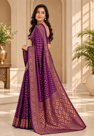 Royal Purple & Antique Gold Woven Silk Saree