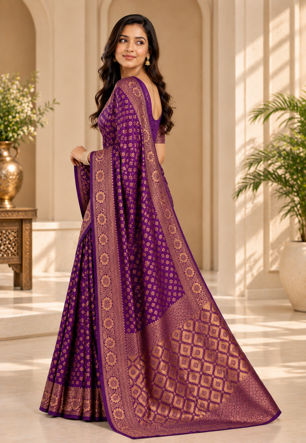 Royal Purple & Antique Gold Woven Silk Saree