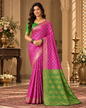 Magenta Pink & Green Woven Silk Saree
