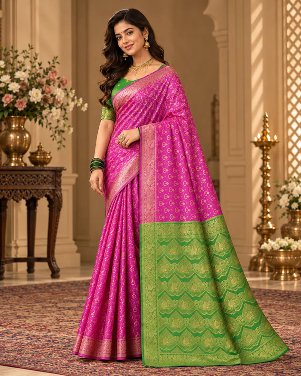 Magenta Pink & Green Woven Silk Saree