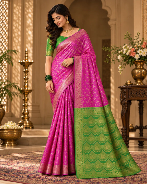 Magenta Pink & Green Woven Silk Saree