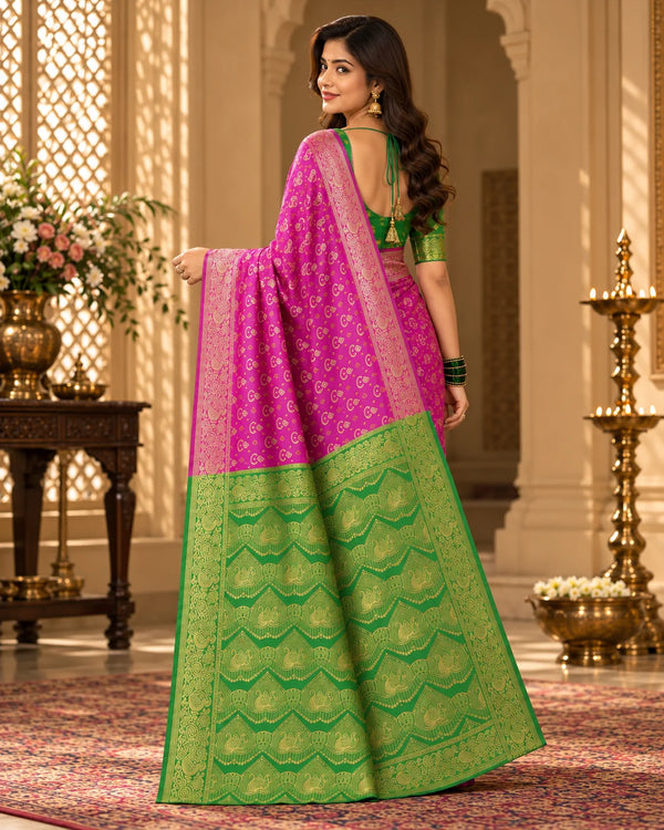Magenta Pink & Green Woven Silk Saree