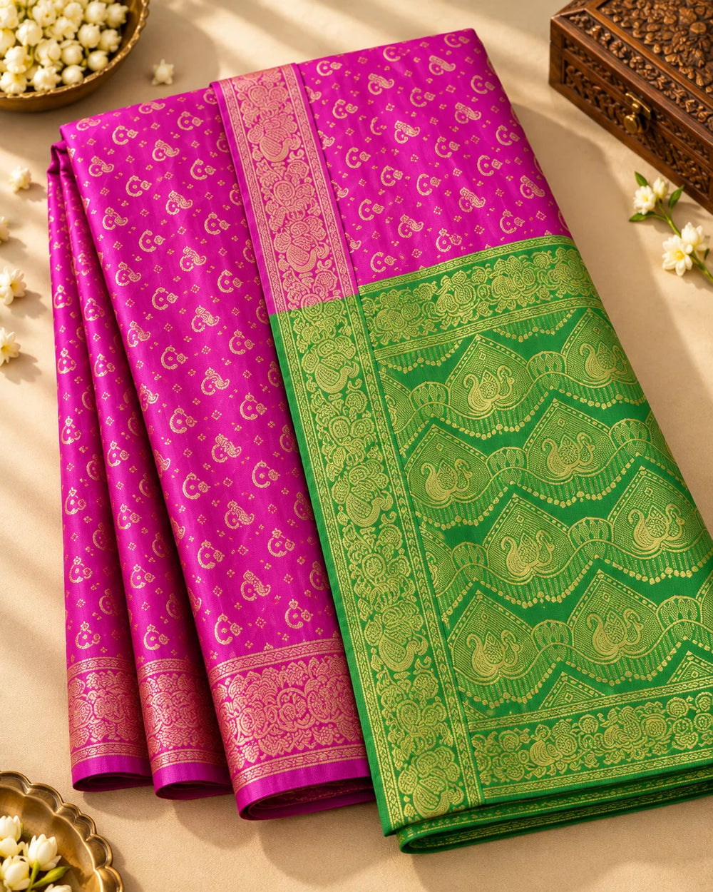 Magenta Pink & Green Woven Silk Saree