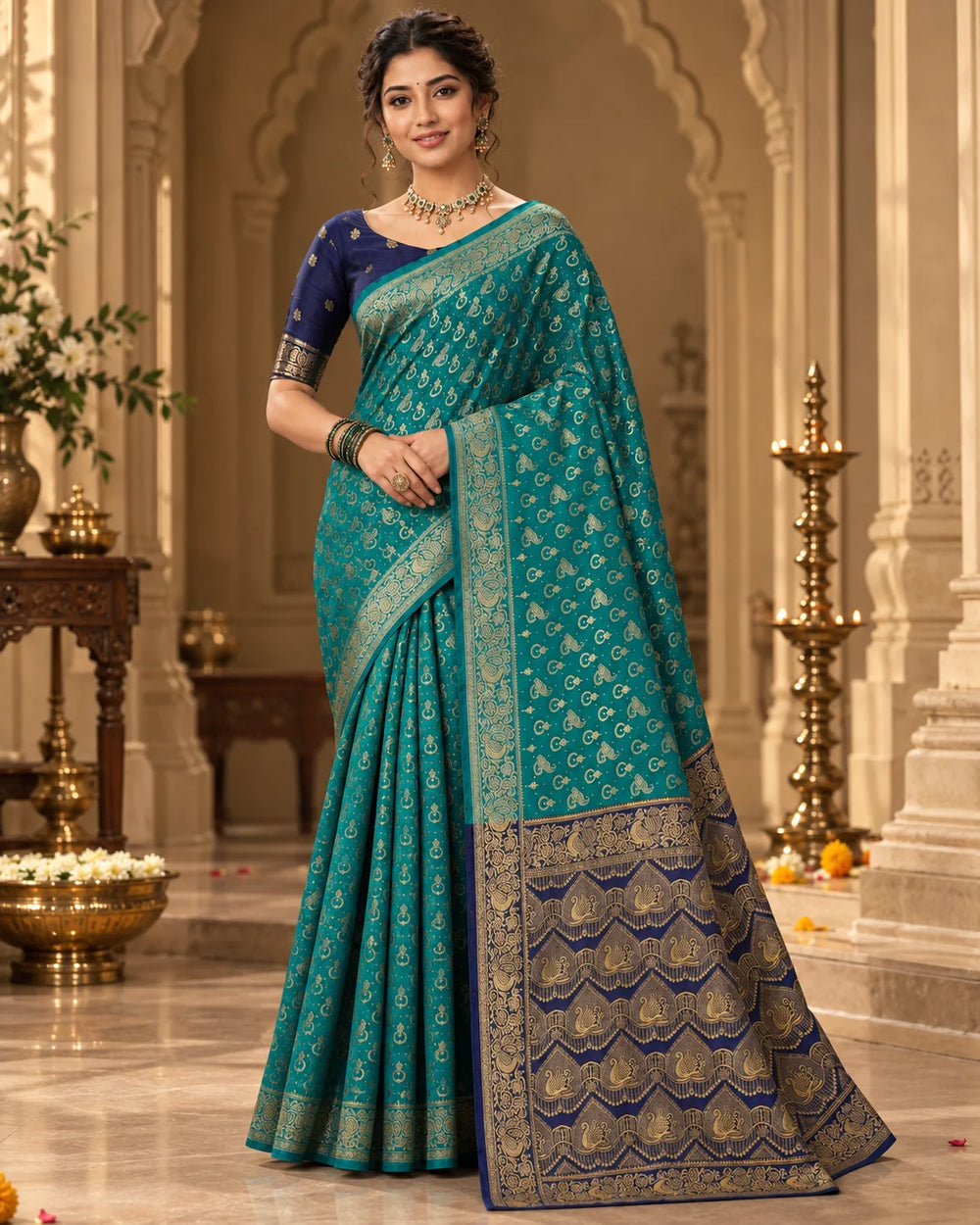 Teal Blue & Navy Blue Woven Silk Saree
