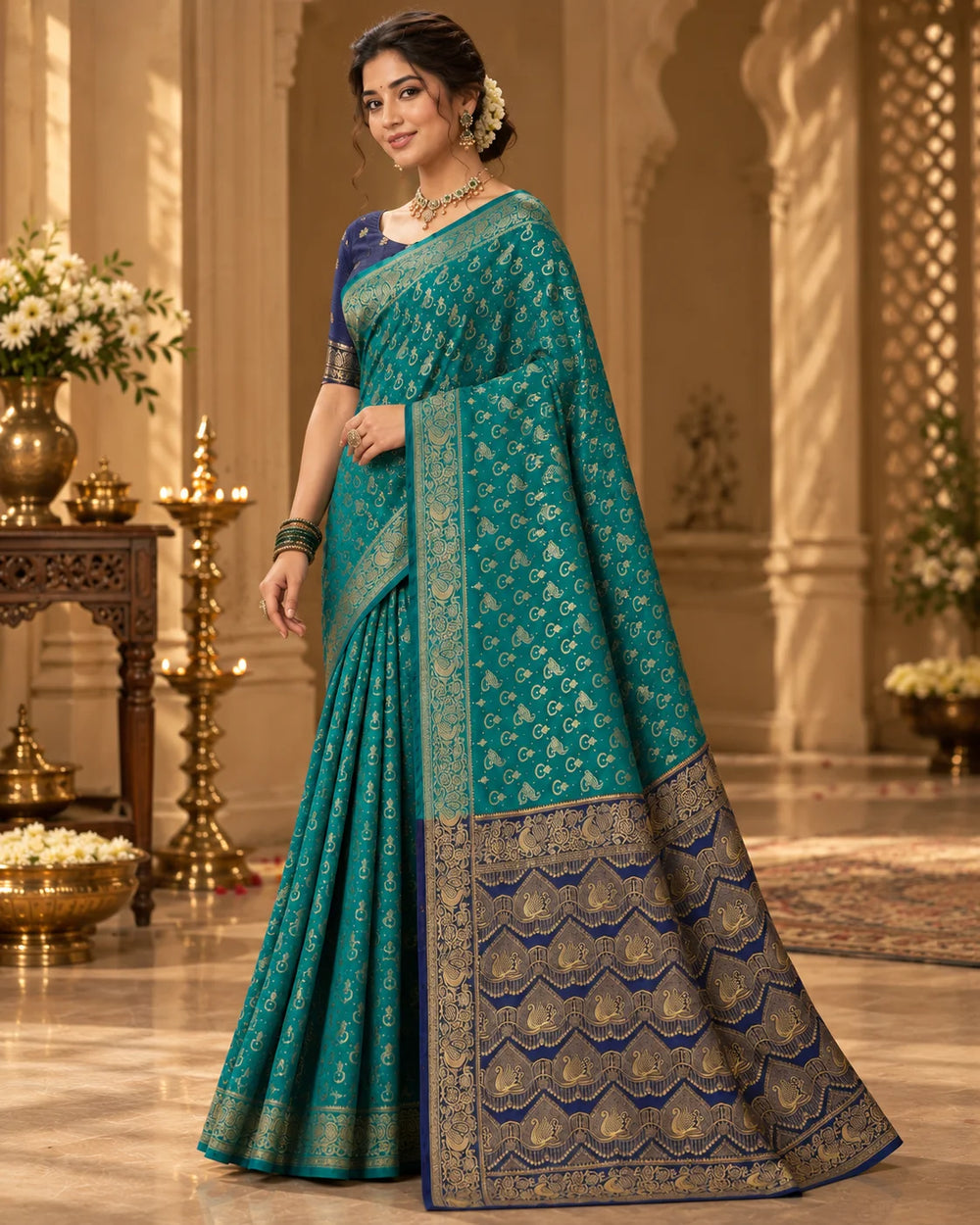 Teal Blue & Navy Blue Woven Silk Saree