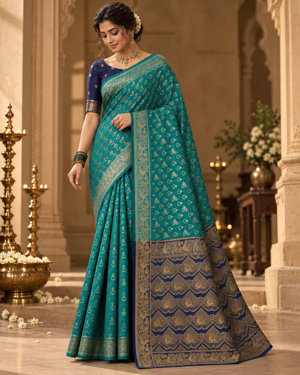 Teal Blue & Navy Blue Woven Silk Saree