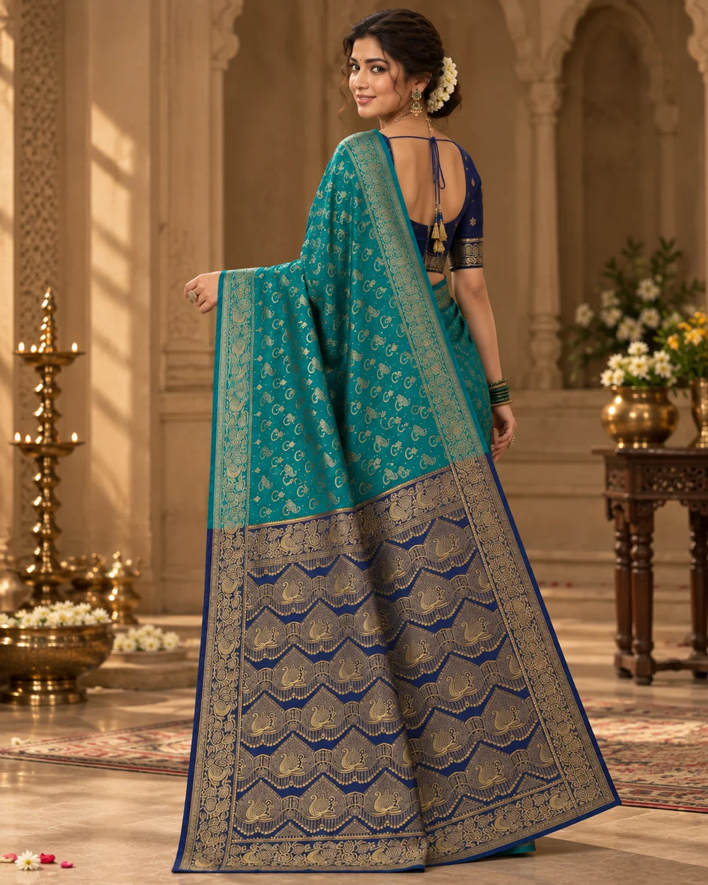 Teal Blue & Navy Blue Woven Silk Saree