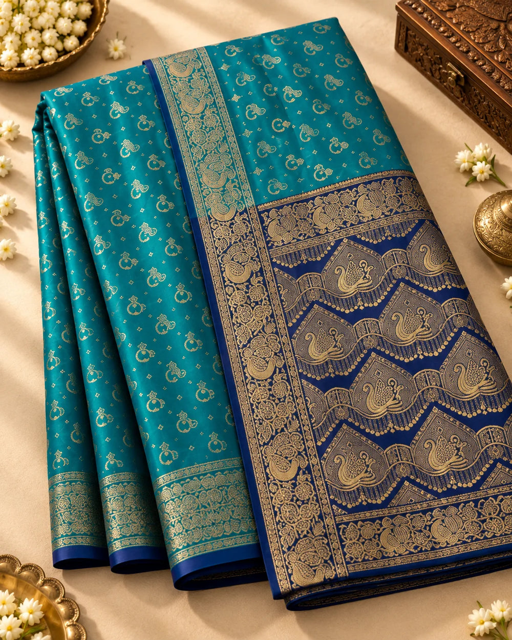 Teal Blue & Navy Blue Woven Silk Saree
