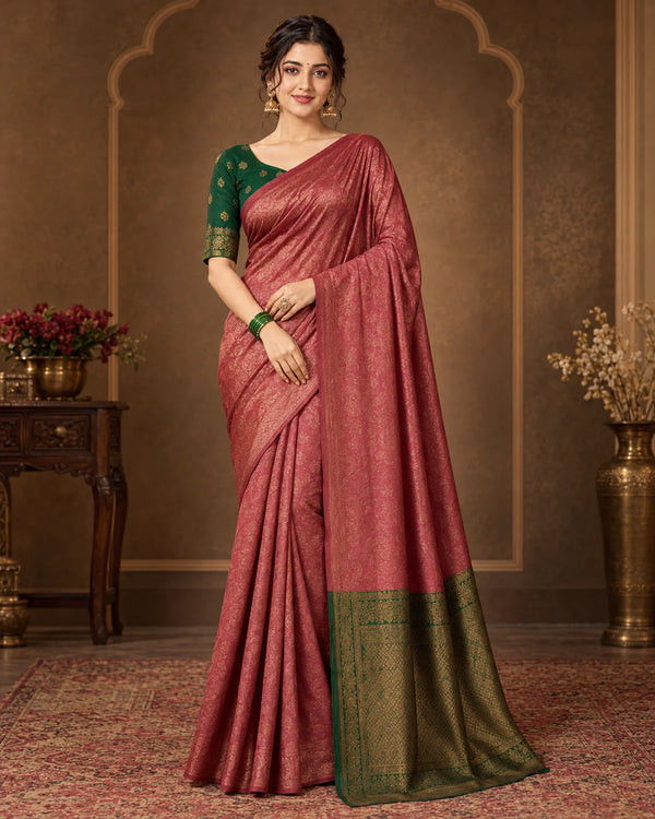 Dusty Rose Pink & Forest Green Woven Saree