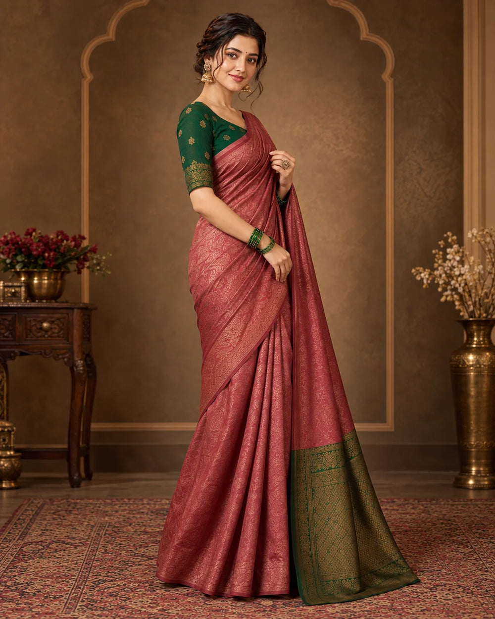 Dusty Rose Pink & Forest Green Woven Saree