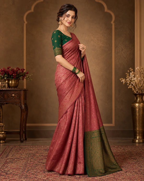 Dusty Rose Pink & Forest Green Woven Saree