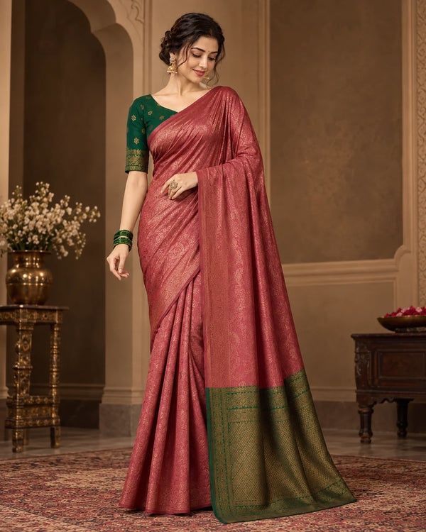 Dusty Rose Pink & Forest Green Woven Saree