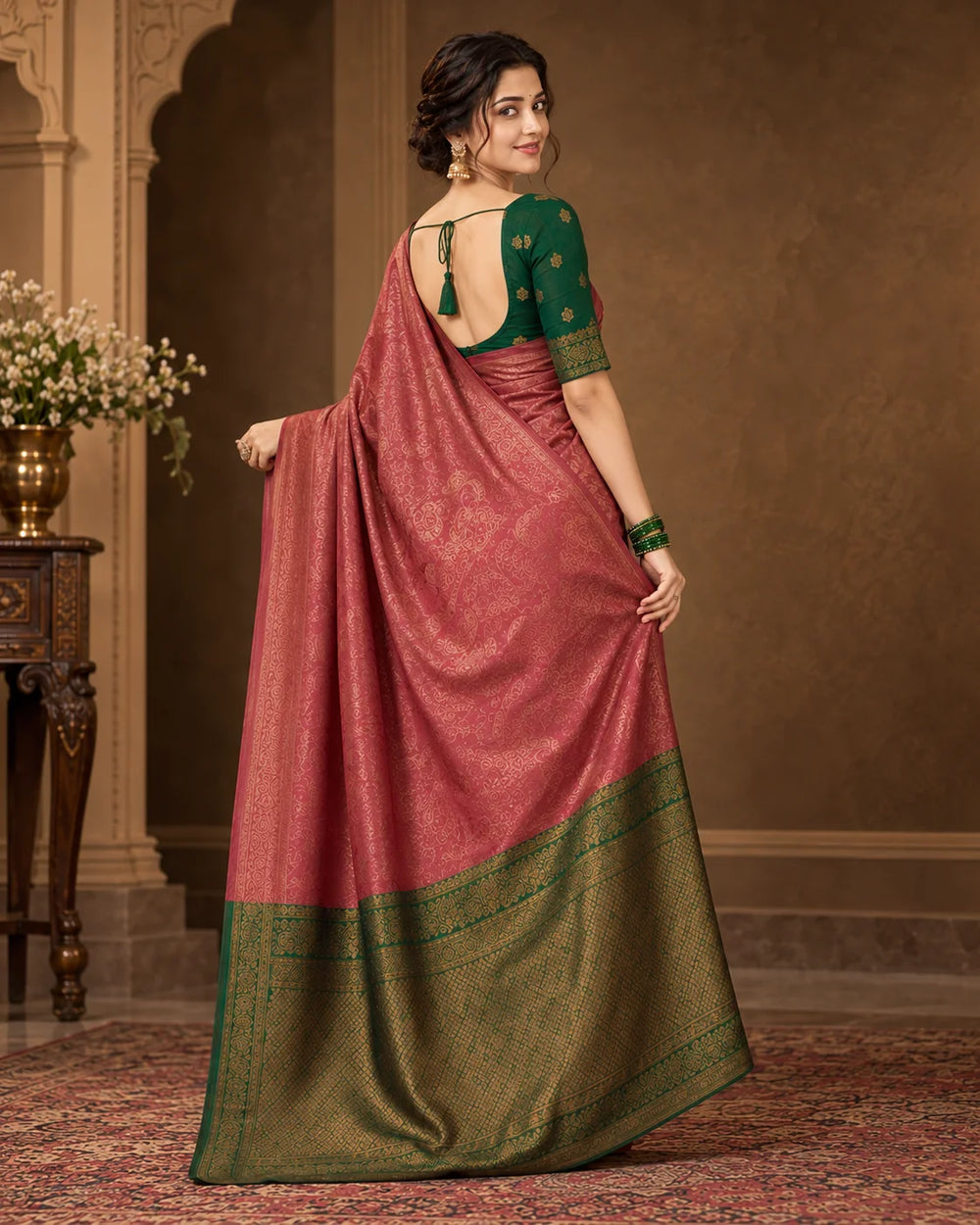 Dusty Rose Pink & Forest Green Woven Saree