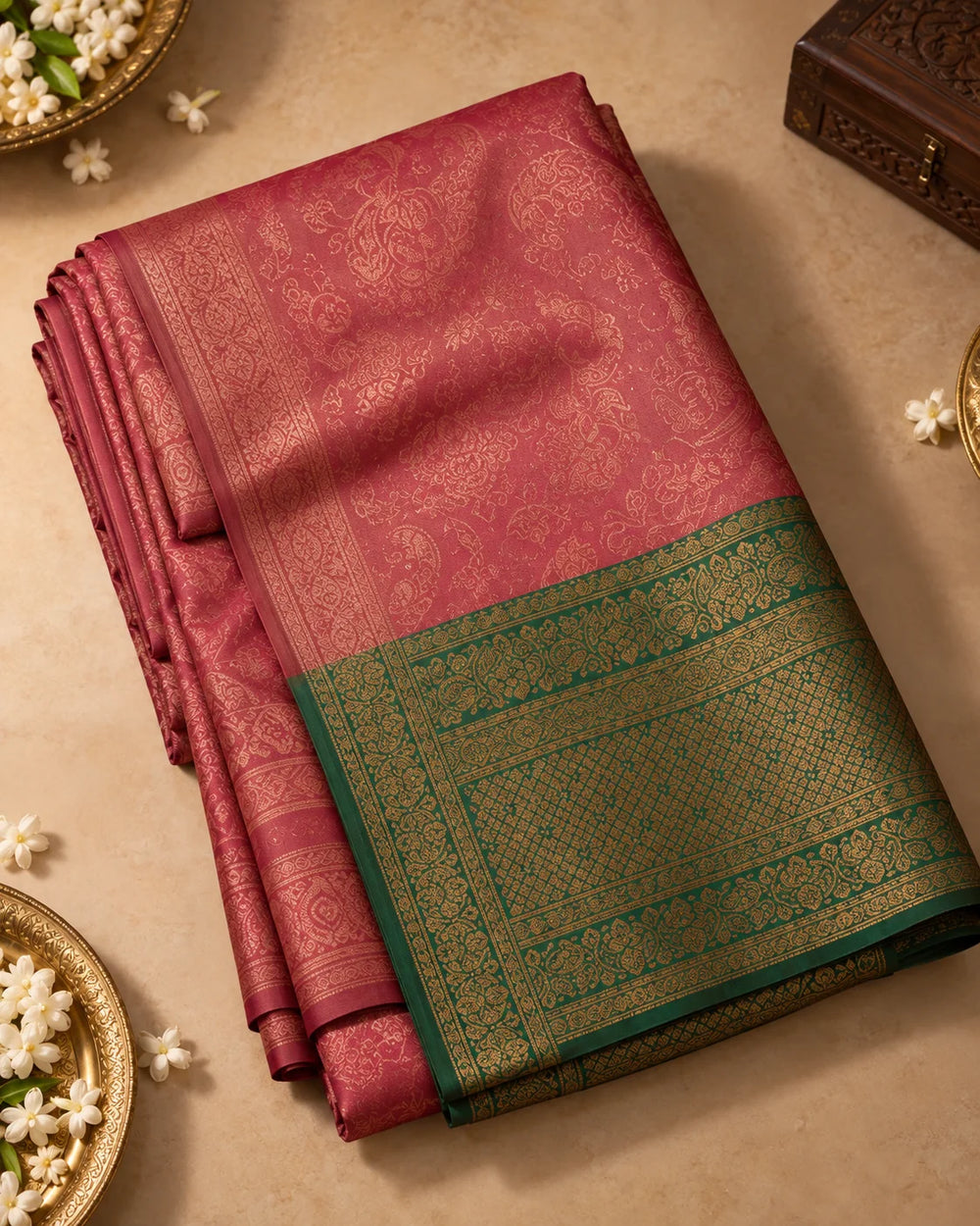 Dusty Rose Pink & Forest Green Woven Saree