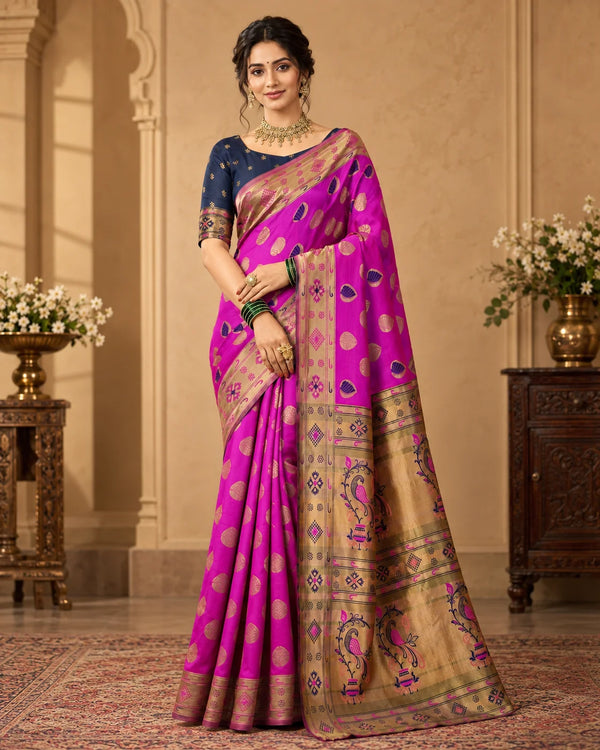 Magenta Pink & Antique Gold Designer Woven Saree