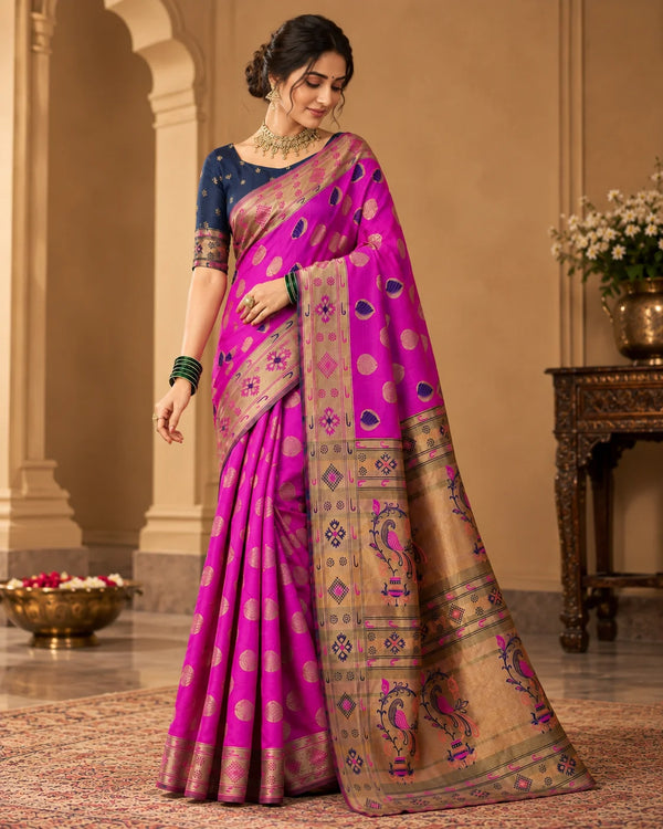 Magenta Pink & Antique Gold Designer Woven Saree