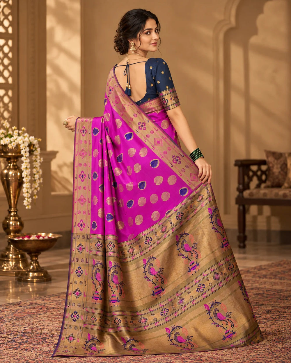 Magenta Pink & Antique Gold Designer Woven Saree