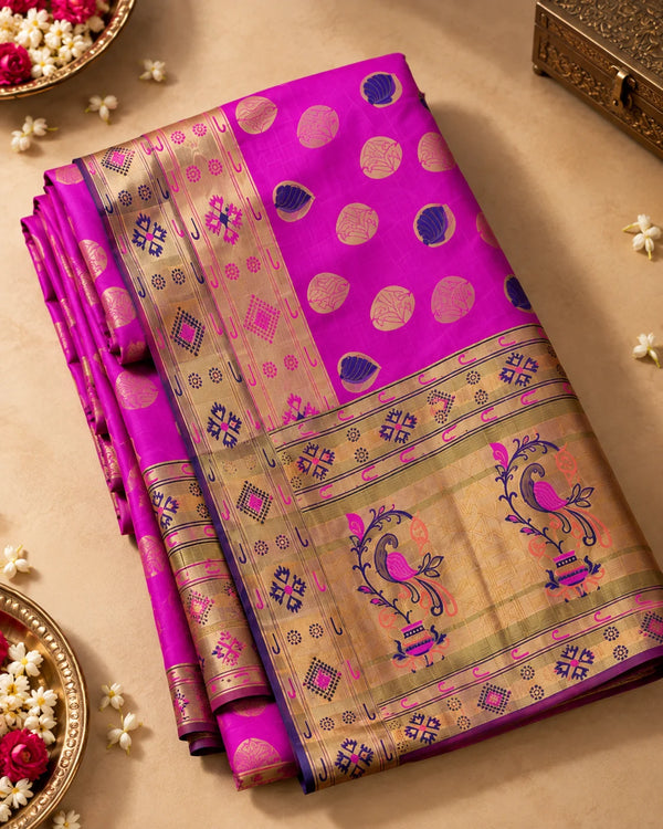 Magenta Pink & Antique Gold Designer Woven Saree