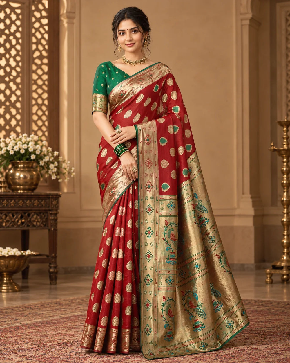 Maroon Red & Antique Gold Designer Woven Saree