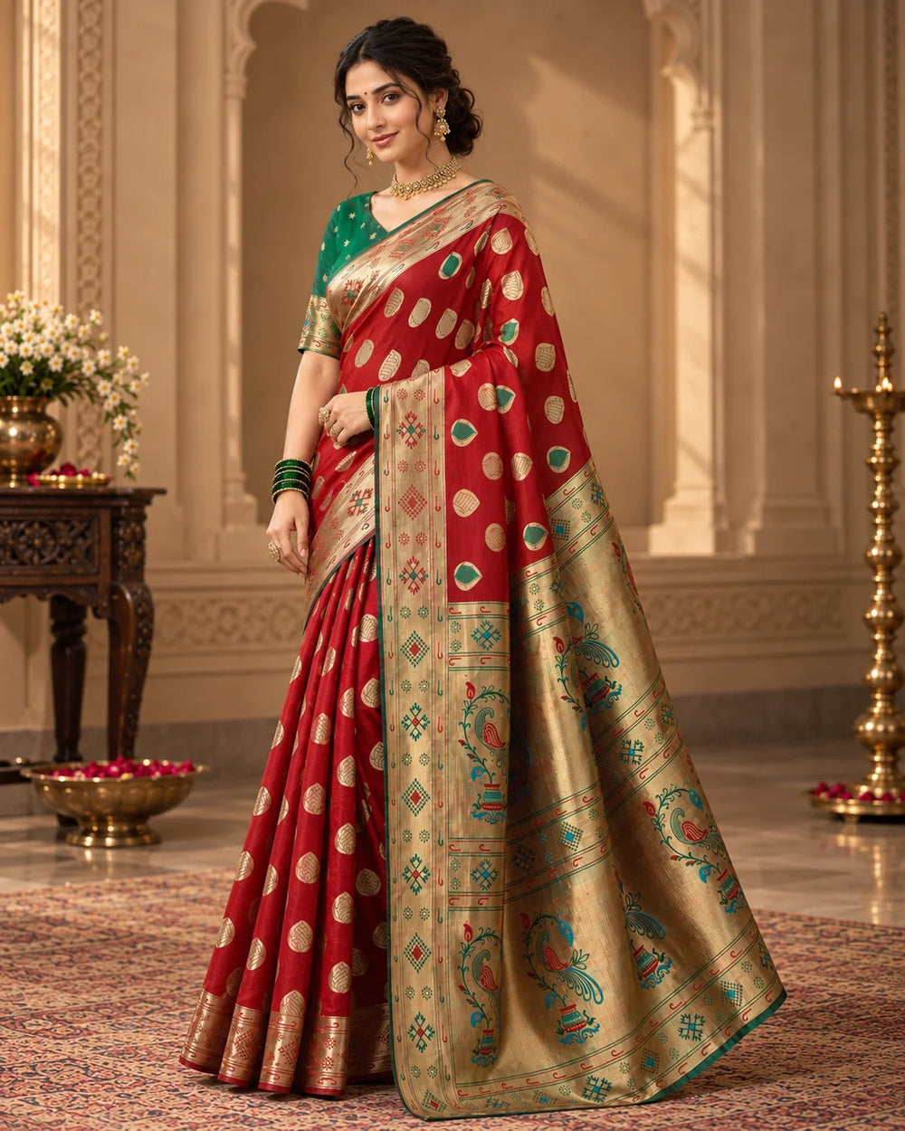 Maroon Red & Antique Gold Designer Woven Saree
