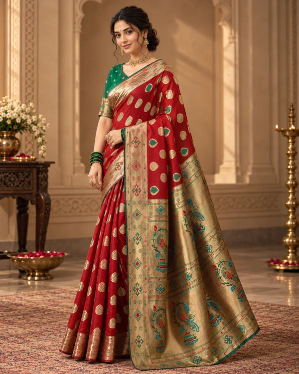 Maroon Red & Antique Gold Designer Woven Saree
